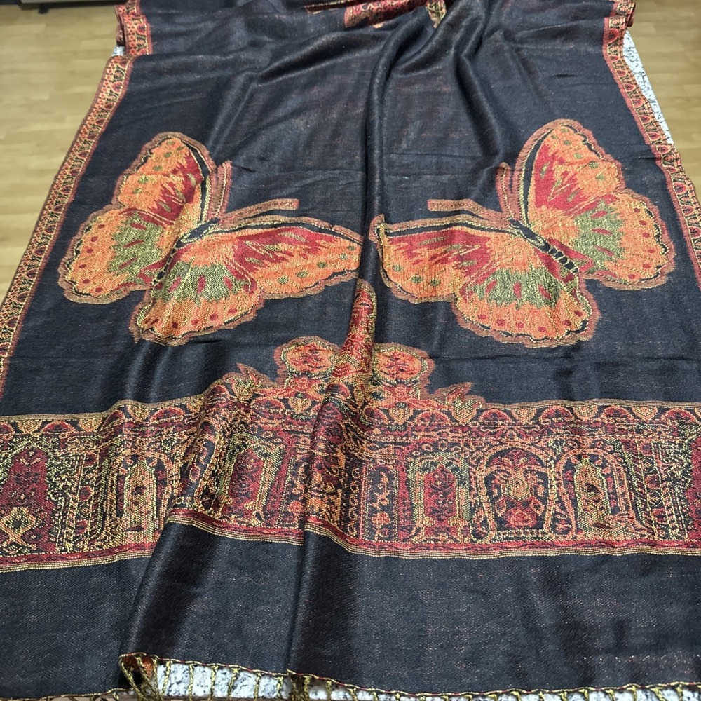 Pashmina Long Shawl Wrap Bohochic Black Orange Butterflies Approx 27X 70"